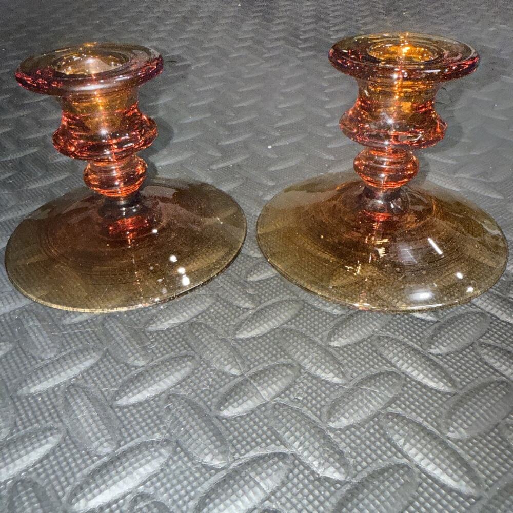Amber Depression Glass Candlesticks Pair Yellow Vintage Candle Holders 3 1/2”